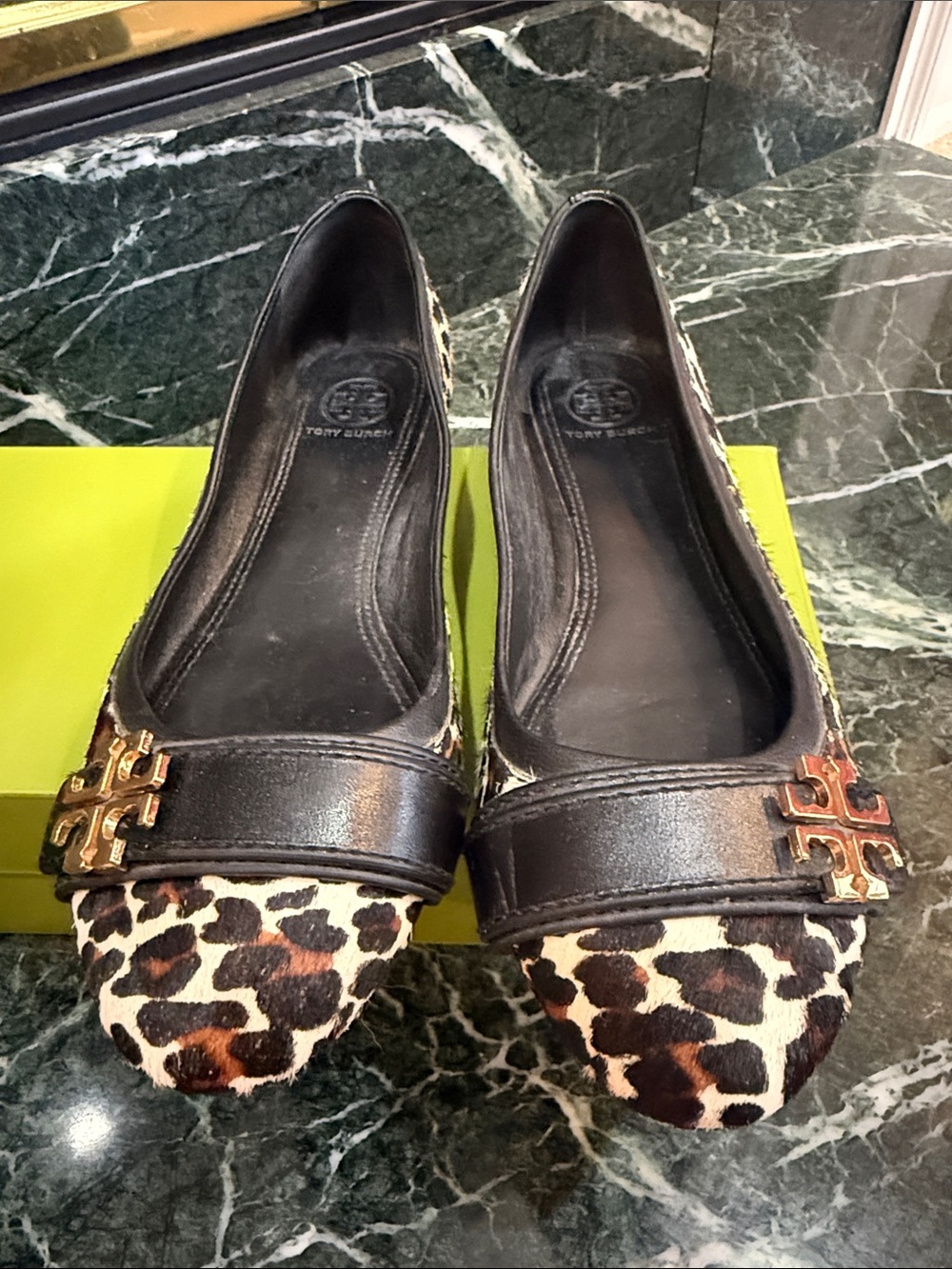 Tory Burch Black Leather & Leopard Cap-Toe Ballet Flats